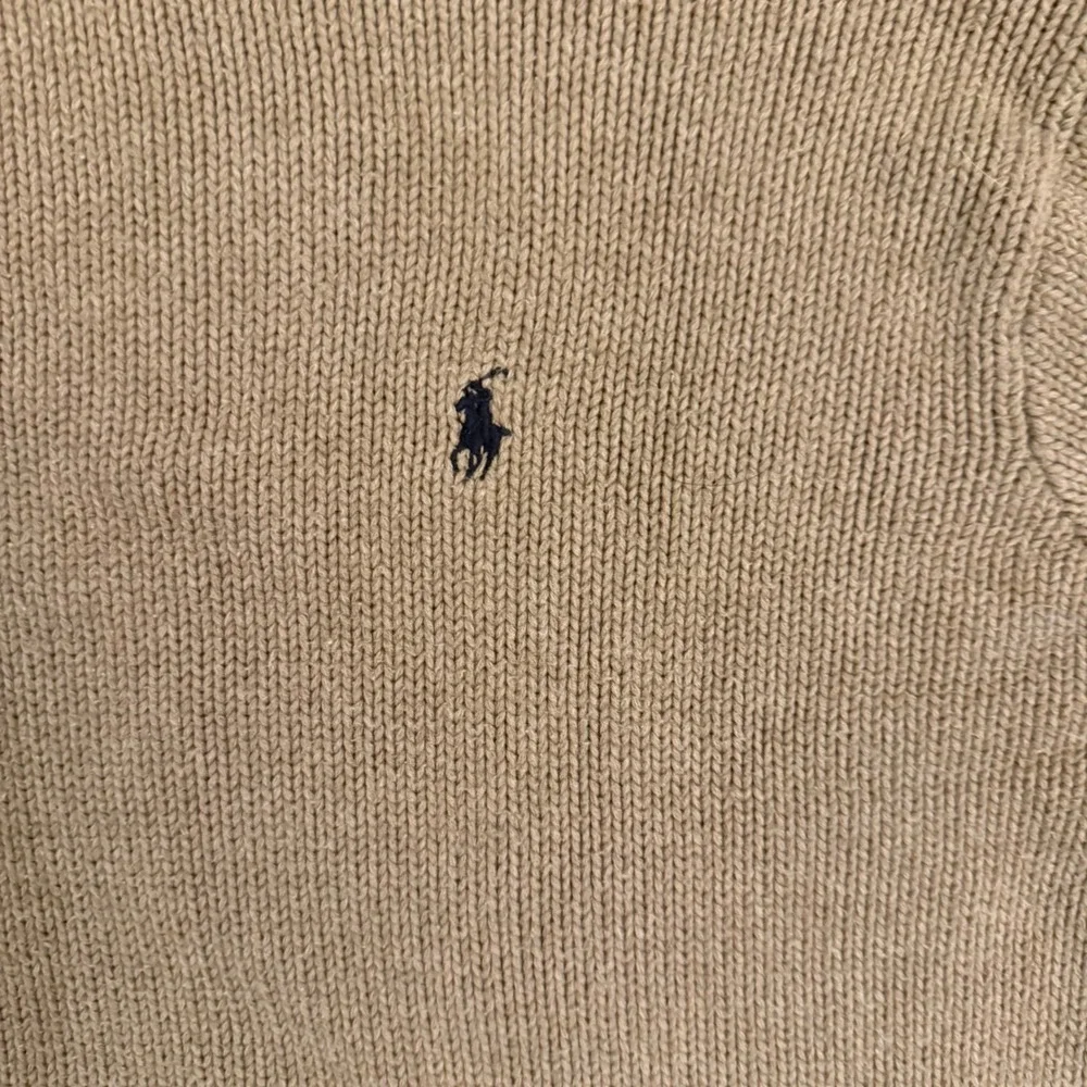 Vintage 90s Polo Ralph Lauren Cotton Knit Sweater Beige Tan Blue Pony Crewneck